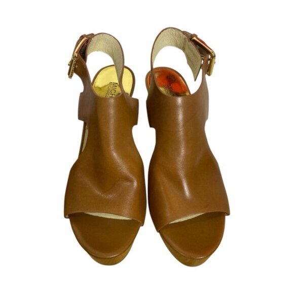 Michael Michael Kors Josephine Leather Wedge Sandals – Size 8.5 (Luggage Brown) - Picture 2 of 12